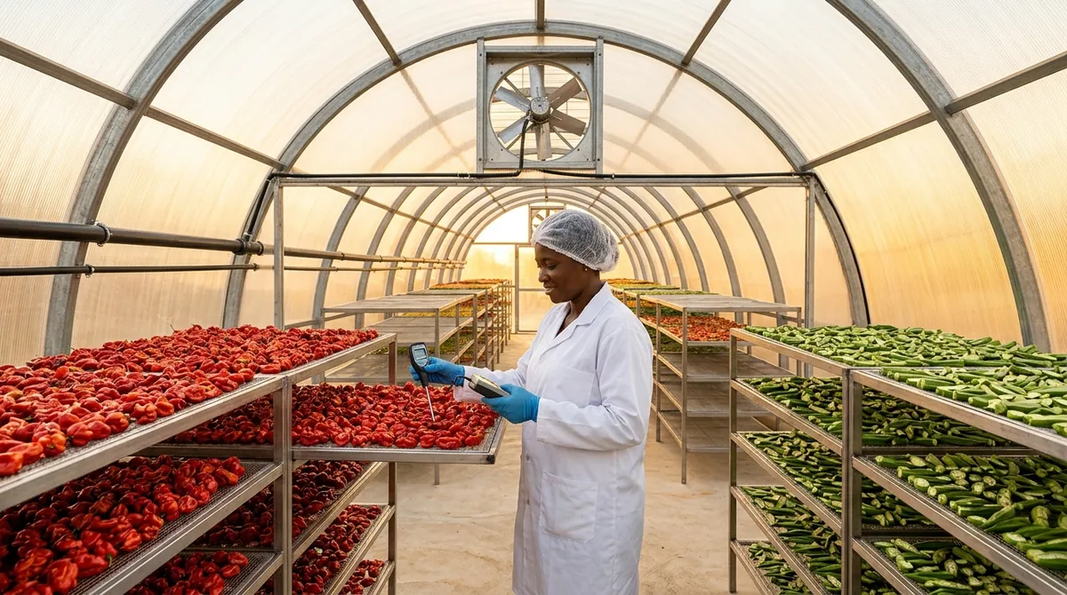 Inside TKT Foods parabolic solar tunnel dryer showing stainless steel trays of red habanero pepper and green sliced okra